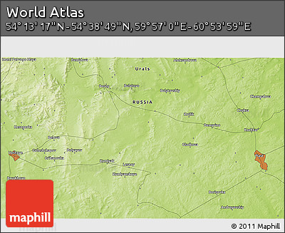 Physical 3D Map of the Area around 54° 26' 3" N, 60° 25' 29" E