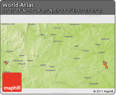 Physical 3D Map of the Area around 54° 26' 3" N, 60° 25' 29" E
