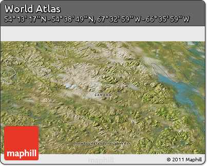 Satellite 3D Map of the Area around 54° 26' 3" N, 67° 4' 29" W