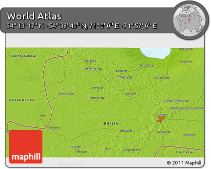 Physical 3D Map of the Area around 54° 26' 3" N, 71° 28' 29" E