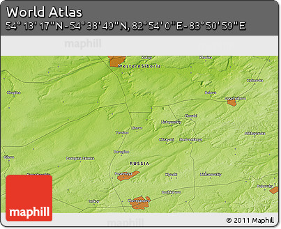 Physical 3D Map of the Area around 54° 26' 3" N, 83° 22' 30" E