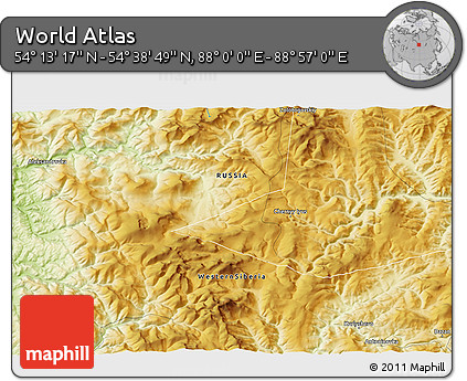 Physical 3D Map of the Area around 54° 26' 3" N, 88° 28' 29" E