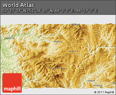 Physical 3D Map of the Area around 54° 26' 3" N, 88° 28' 29" E