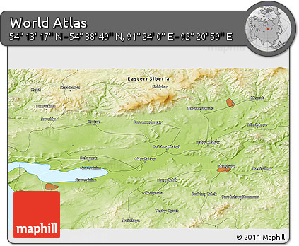 Physical 3D Map of the Area around 54° 26' 3" N, 91° 52' 30" E