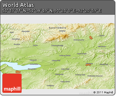 Physical 3D Map of the Area around 54° 26' 3" N, 91° 52' 30" E