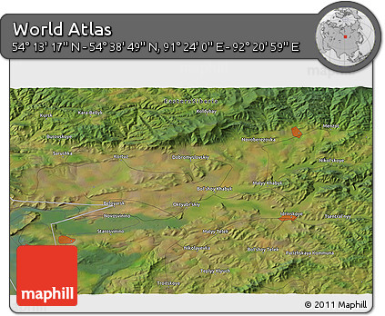 Satellite 3D Map of the Area around 54° 26' 3" N, 91° 52' 30" E