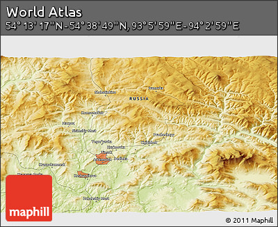 Physical 3D Map of the Area around 54° 26' 3" N, 93° 34' 29" E