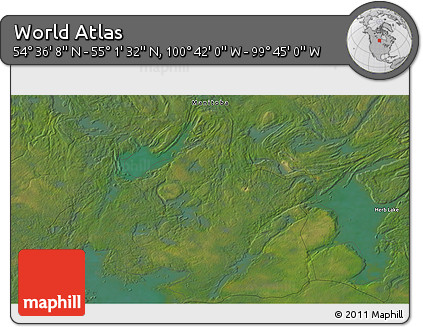 Satellite 3D Map of the Area around 54° 48' 50" N, 100° 13' 29" W