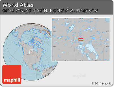 Gray Location Map of the Area around 54° 48' 50" N, 100° 13' 29" W, hill shading