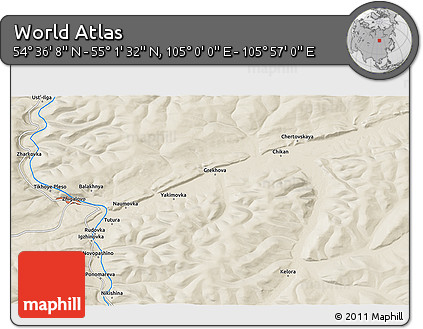 Shaded Relief 3D Map of the Area around 54° 48' 50" N, 105° 28' 29" E