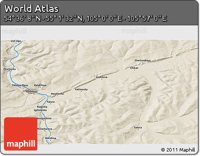 Shaded Relief 3D Map of the Area around 54° 48' 50" N, 105° 28' 29" E