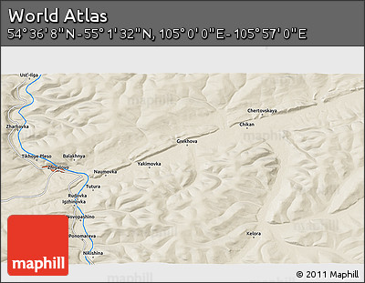 Shaded Relief 3D Map of the Area around 54° 48' 50" N, 105° 28' 29" E