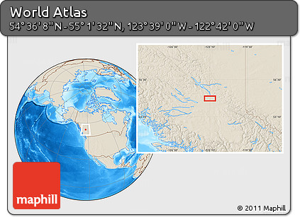 Shaded Relief Location Map of the Area around 54° 48' 50" N, 123° 10' 30" W
