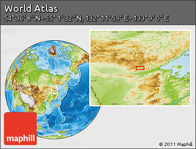 Physical Location Map of the Area around 54° 48' 50" N, 132° 40' 30" E