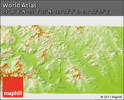Physical 3D Map of the Area around 54° 48' 50" N, 134° 22' 30" E