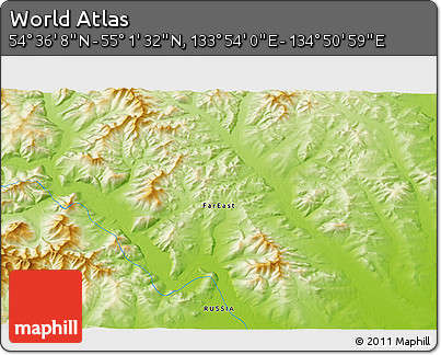 Physical 3D Map of the Area around 54° 48' 50" N, 134° 22' 30" E
