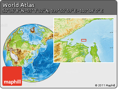 Physical Location Map of the Area around 54° 48' 50" N, 140° 19' 29" E