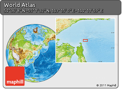 Physical Location Map of the Area around 54° 48' 50" N, 143° 43' 29" E