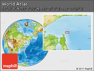 Physical Location Map of the Area around 54° 48' 50" N, 143° 43' 29" E