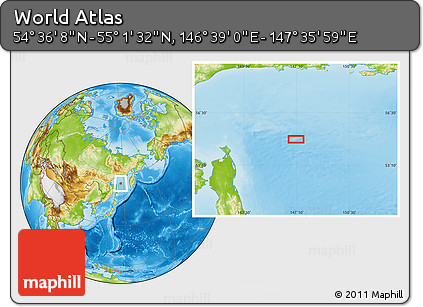 Physical Location Map of the Area around 54° 48' 50" N, 147° 7' 30" E
