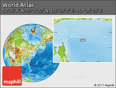 Physical Location Map of the Area around 54° 48' 50" N, 147° 7' 30" E