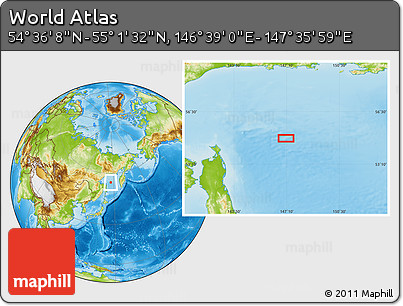 Physical Location Map of the Area around 54° 48' 50" N, 147° 7' 30" E