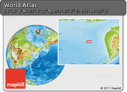 Physical Location Map of the Area around 54° 48' 50" N, 152° 13' 29" E