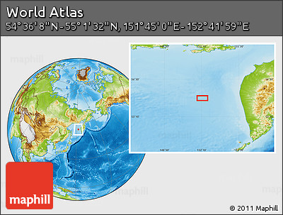 Physical Location Map of the Area around 54° 48' 50" N, 152° 13' 29" E