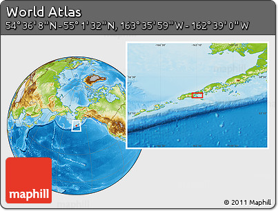 Physical Location Map of the Area around 54° 48' 50" N, 163° 7' 30" W