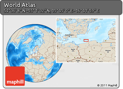 Shaded Relief Location Map of the Area around 54° 48' 50" N, 16° 13' 30" E