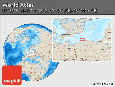 Shaded Relief Location Map of the Area around 54° 48' 50" N, 16° 13' 30" E