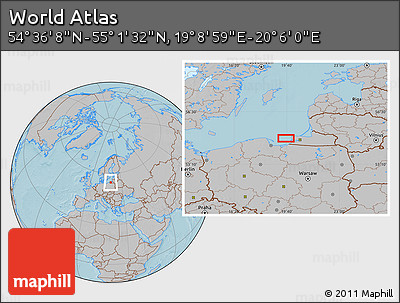 Gray Location Map of the Area around 54° 48' 50" N, 19° 37' 30" E, hill shading