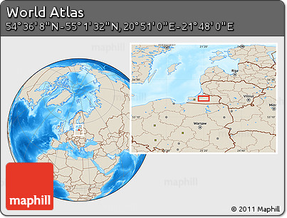 Shaded Relief Location Map of the Area around 54° 48' 50" N, 21° 19' 30" E