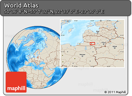 Shaded Relief Location Map of the Area around 54° 48' 50" N, 23° 1' 29" E