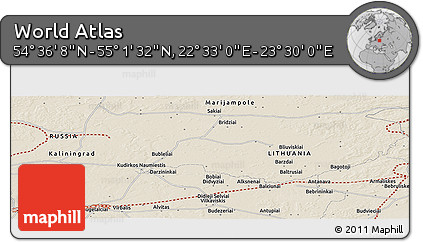 Shaded Relief Panoramic Map of the Area around 54° 48' 50" N, 23° 1' 29" E
