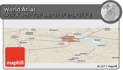 Shaded Relief Panoramic Map of the Area around 54° 48' 50" N, 23° 52' 30" E