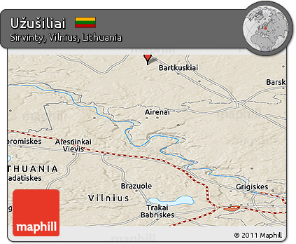 Shaded Relief Panoramic Map of Užušiliai