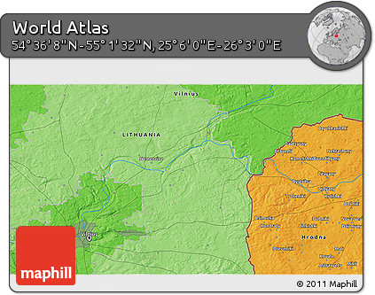 Political 3D Map of the Area around 54° 48' 50" N, 25° 34' 30" E
