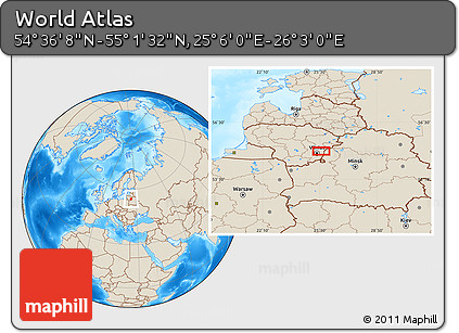 Shaded Relief Location Map of the Area around 54° 48' 50" N, 25° 34' 30" E