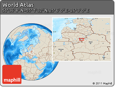 Shaded Relief Location Map of the Area around 54° 48' 50" N, 25° 34' 30" E