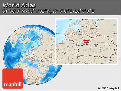 Shaded Relief Location Map of the Area around 54° 48' 50" N, 25° 34' 30" E
