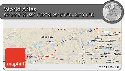 Shaded Relief Panoramic Map of the Area around 54° 48' 50" N, 25° 34' 30" E