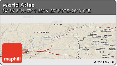 Shaded Relief Panoramic Map of the Area around 54° 48' 50" N, 25° 34' 30" E