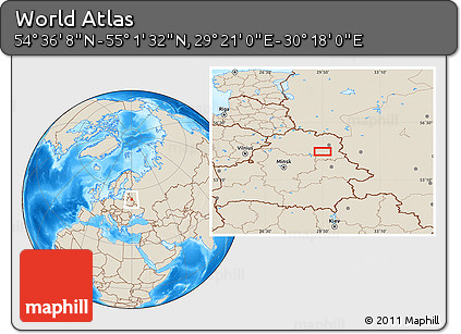 Shaded Relief Location Map of the Area around 54° 48' 50" N, 29° 49' 30" E