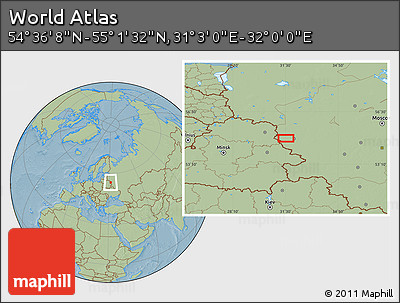 Savanna Style Location Map of the Area around 54° 48' 50" N, 31° 31' 29" E, hill shading