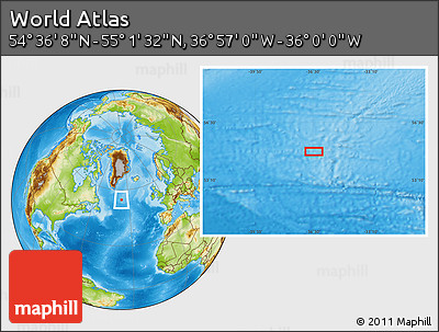 Physical Location Map of the Area around 54° 48' 50" N, 36° 28' 30" W