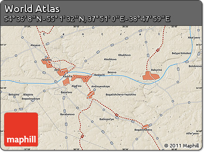 Shaded Relief Map of the Area around 54° 48' 50" N, 38° 19' 30" E