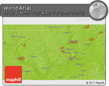 Physical 3D Map of the Area around 54° 48' 50" N, 42° 34' 30" E