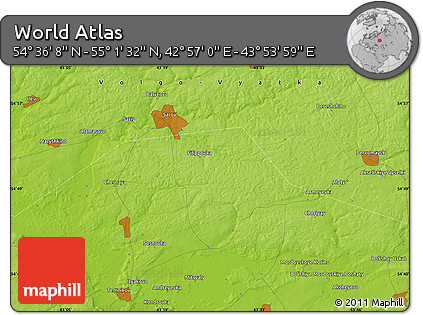 Physical Map of the Area around 54° 48' 50" N, 43° 25' 29" E