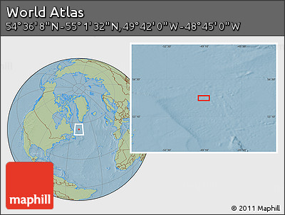 Savanna Style Location Map of the Area around 54° 48' 50" N, 49° 13' 30" W, hill shading
